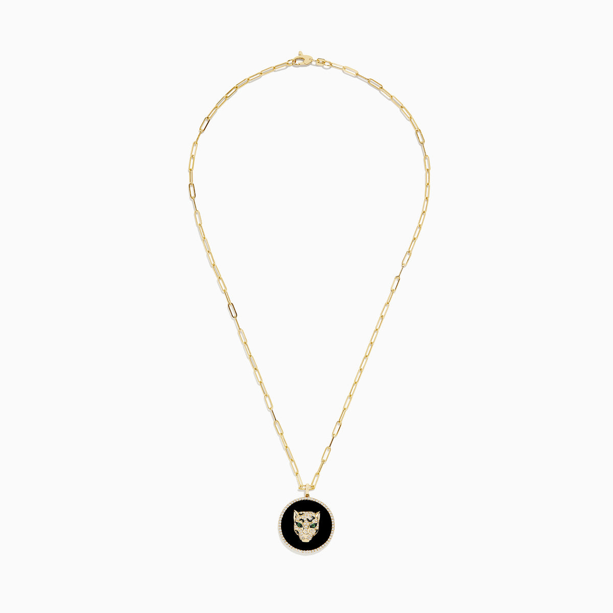 Signature 14K Yellow Gold Onyx, Emerald and Diamond Coin Pendant: A gold chain necklace with a round onyx pendant, jeweled panther head, emerald green eyes, and diamond accents.