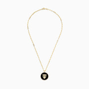 Signature 14K Yellow Gold Onyx, Emerald and Diamond Coin Pendant: A gold chain necklace with a round onyx pendant, jeweled panther head, emerald green eyes, and diamond accents.