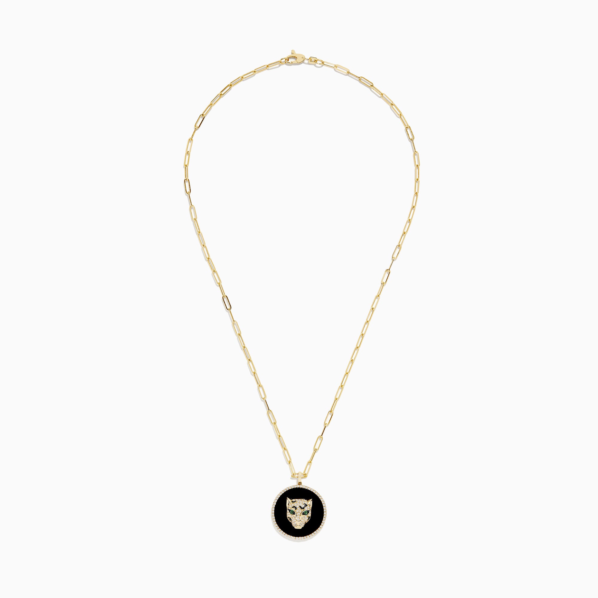 Signature 14K Yellow Gold Onyx, Emerald and Diamond Coin Pendant: A gold chain necklace with a round onyx pendant, jeweled panther head, emerald green eyes, and diamond accents.