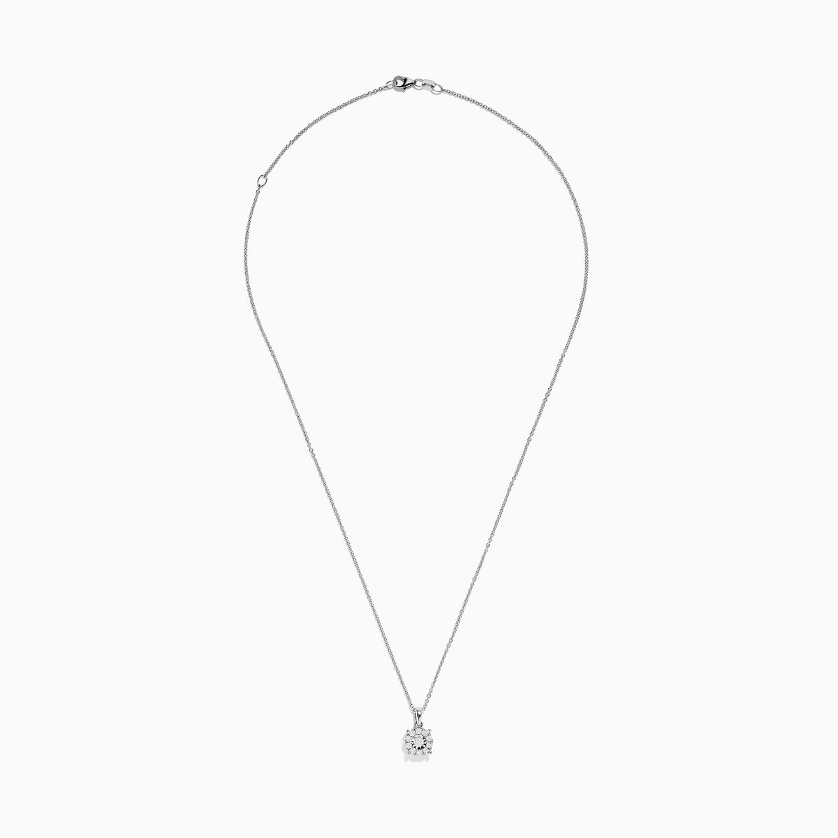 The 14K White Gold Diamond Pendant features a delicate chain and a dazzling diamond centerpiece surrounded by a halo of smaller diamonds, shown on a plain white background.