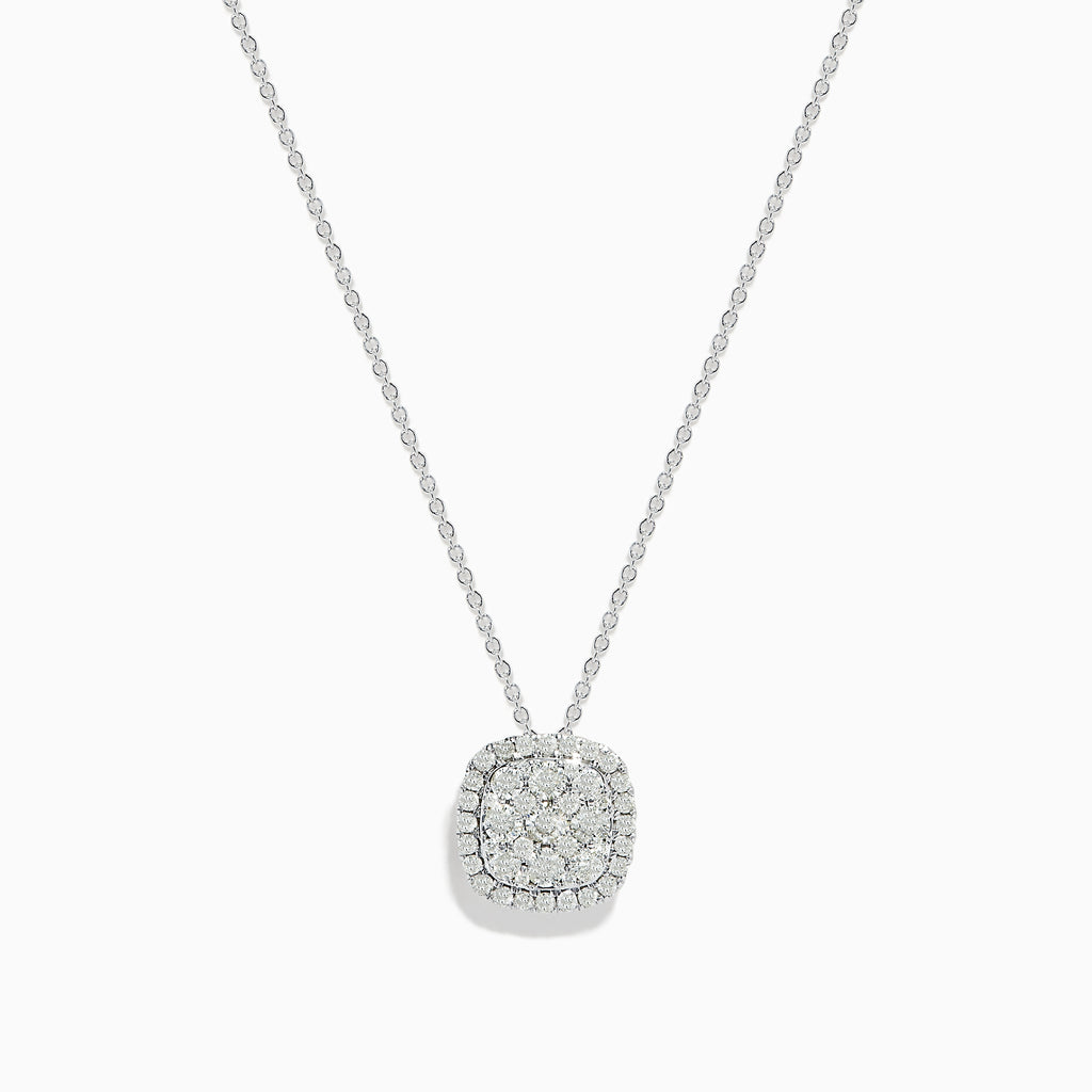 The Pave Classica 14K White Gold Square Diamond Pendant (0.98 TCW) features concentric rows of sparkling diamonds in a cushion-shaped halo design, creating an elegant, classic look on a delicate chain.