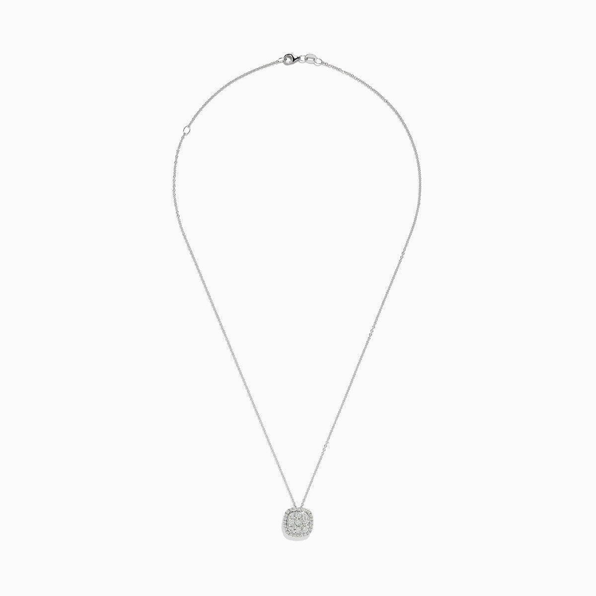 The Pave Classica 14K White Gold Square Diamond Pendant (0.98 TCW) features concentric rows of sparkling diamonds in a cushion-shaped halo design, creating an elegant, classic look on a delicate chain.
