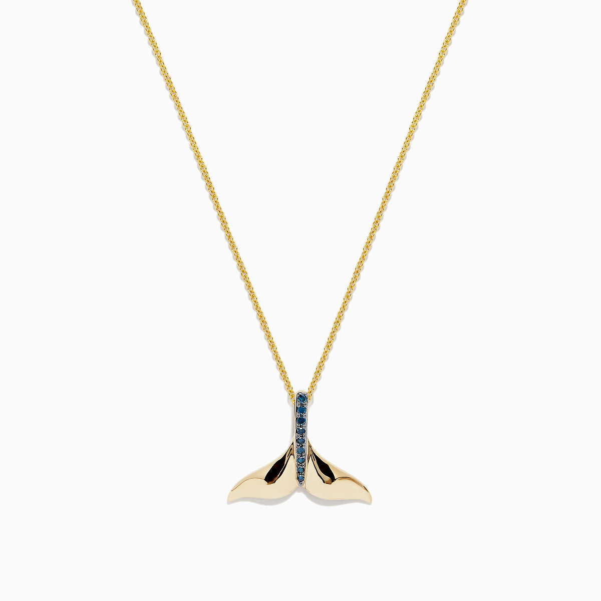 The Seaside 14K Yellow Gold Blue Diamond Whales Tail Pendant (0.05 TCW) features a vertical row of shimmering blue diamonds on a yellow gold chain, displayed against a plain white background.