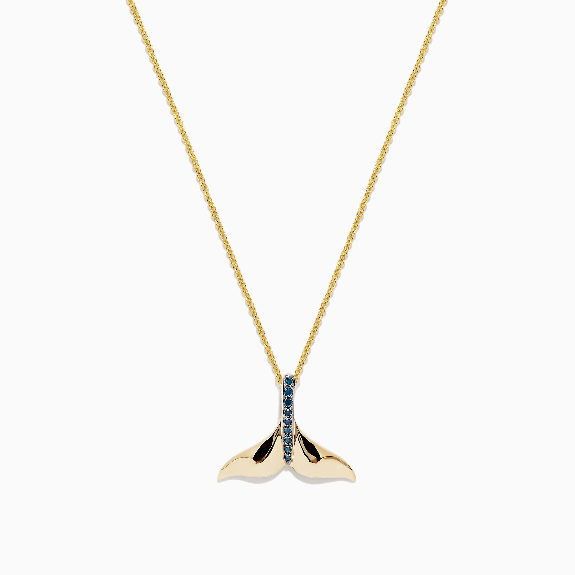 The Seaside 14K Yellow Gold Blue Diamond Whales Tail Pendant (0.05 TCW) features a vertical row of shimmering blue diamonds on a yellow gold chain, displayed against a plain white background.