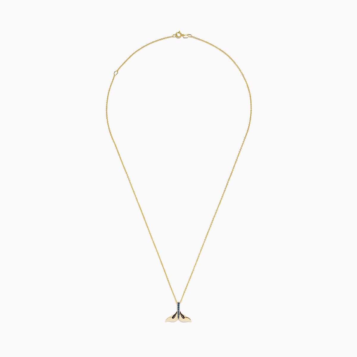 The Seaside 14K Yellow Gold Blue Diamond Whales Tail Pendant (0.05 TCW) features a vertical row of shimmering blue diamonds on a yellow gold chain, displayed against a plain white background.