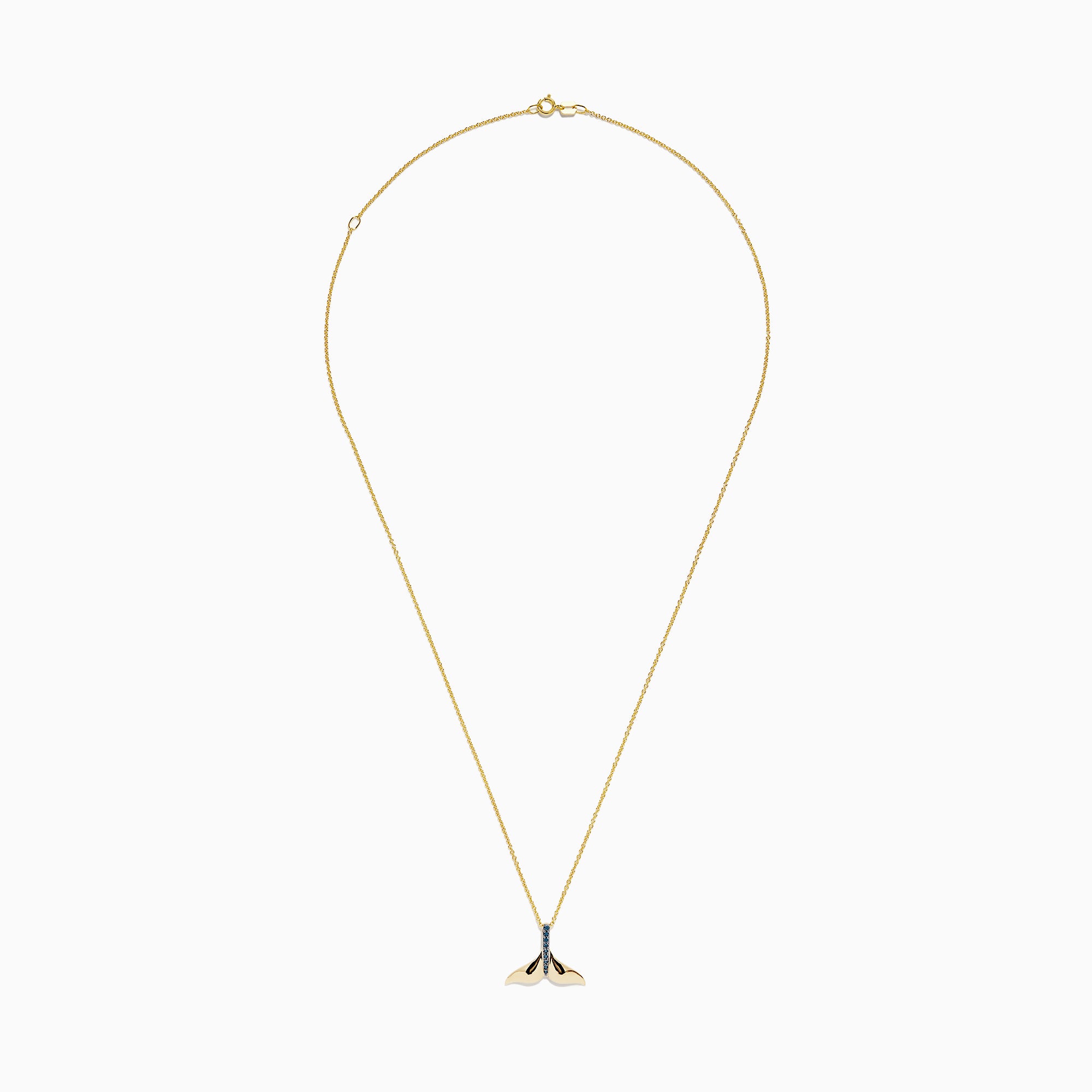 The Seaside 14K Yellow Gold Blue Diamond Whales Tail Pendant (0.05 TCW) features a vertical row of shimmering blue diamonds on a yellow gold chain, displayed against a plain white background.