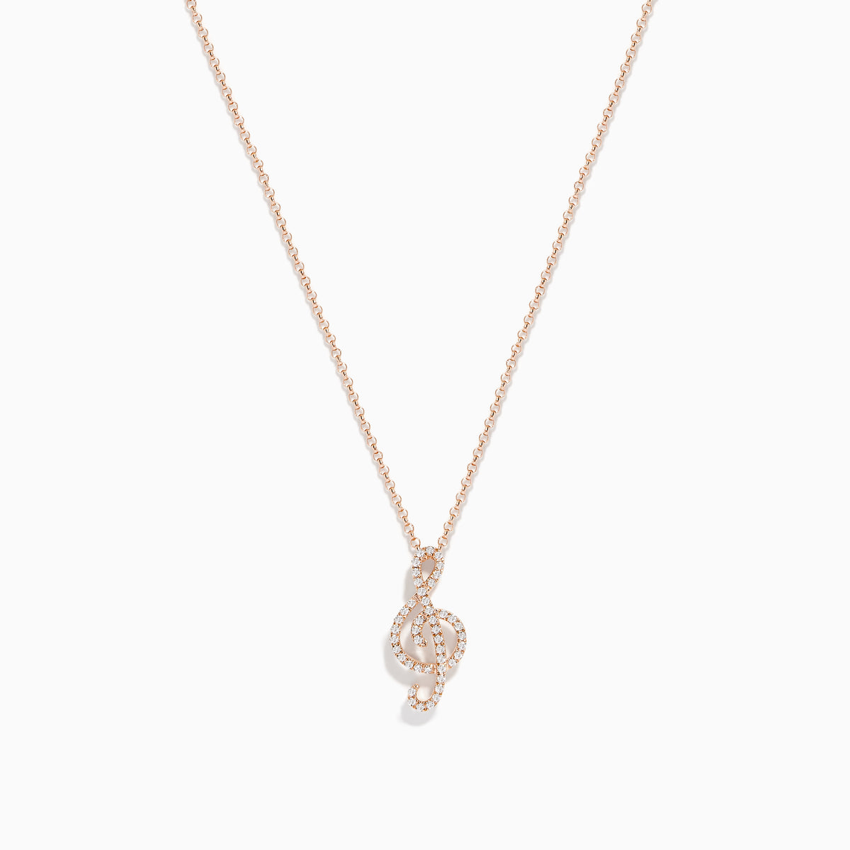 The Novelty 14K Rose Gold Diamond Music Note Pendant features a sparkling diamond-encrusted music note on a delicate rose gold chain, displayed on a white background.