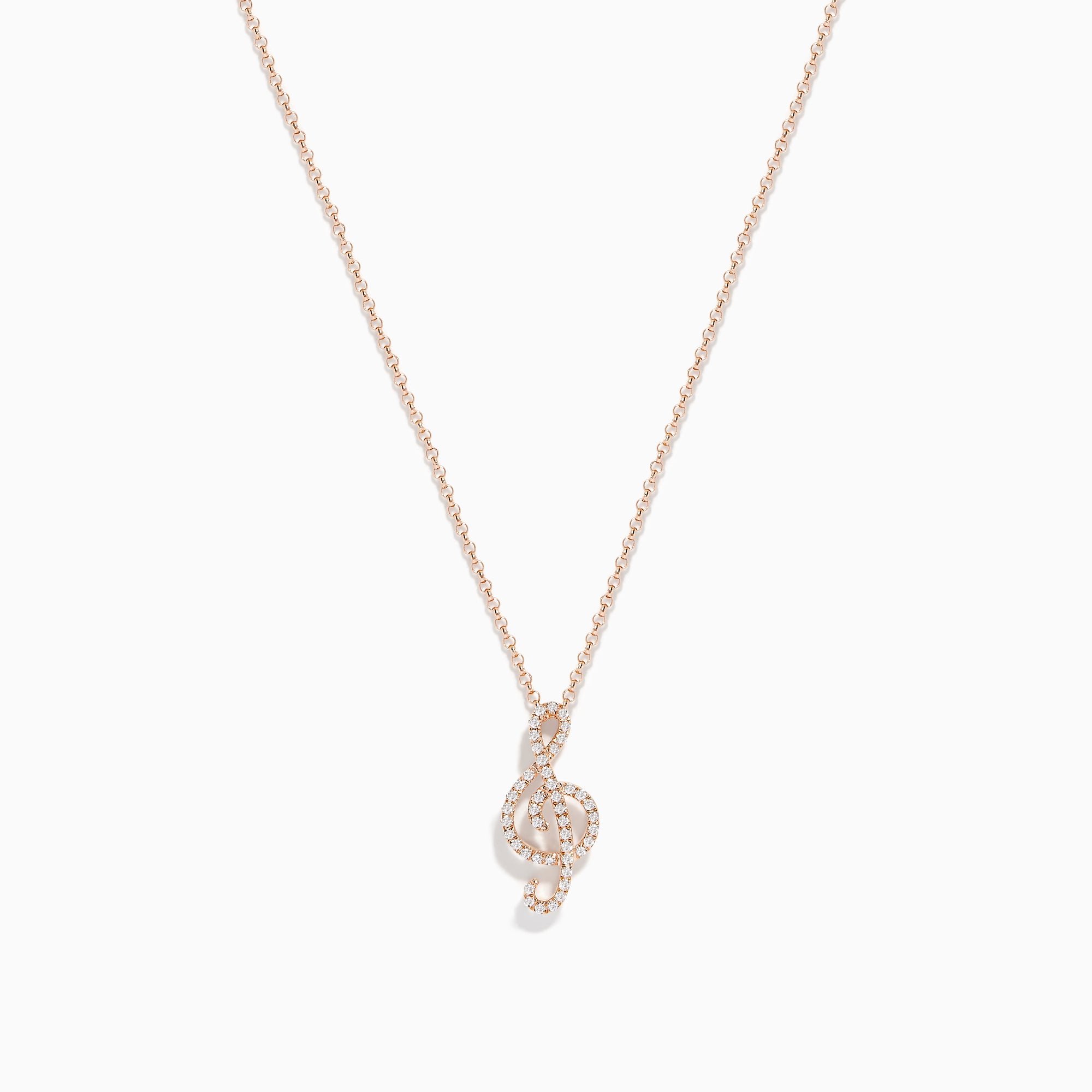 The Novelty 14K Rose Gold Diamond Music Note Pendant features a sparkling diamond-encrusted music note on a delicate rose gold chain, displayed on a white background.