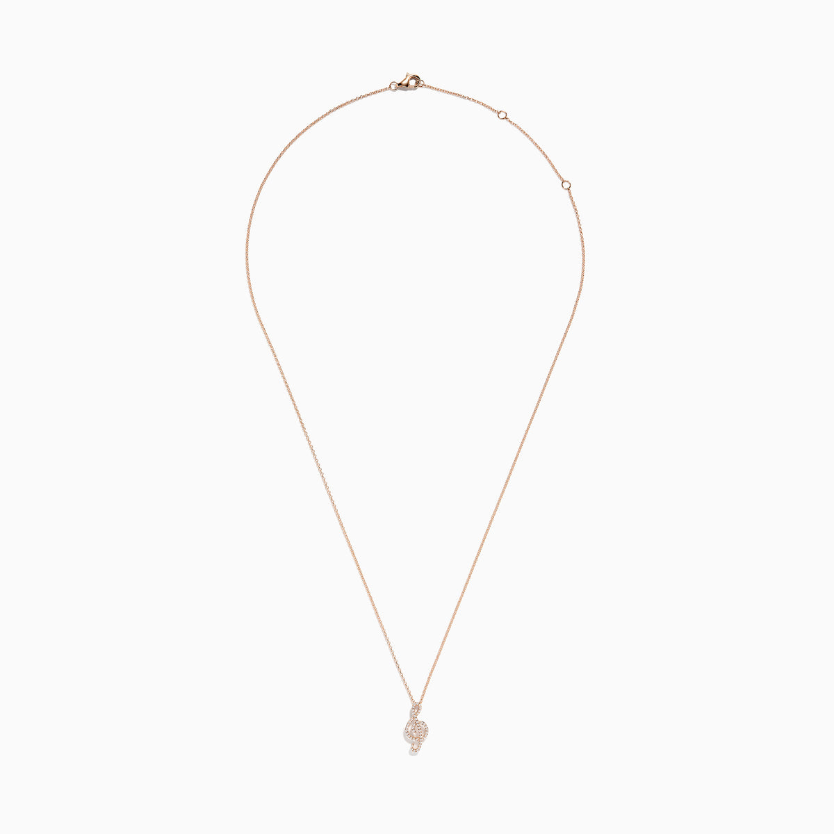 The Novelty 14K Rose Gold Diamond Music Note Pendant features a sparkling diamond-encrusted music note on a delicate rose gold chain, displayed on a white background.