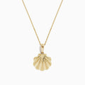 The Seaside 14K Yellow Gold Scallop Shell Pendant is a necklace with a thin chain and a textured, scallop shell-shaped pendant.