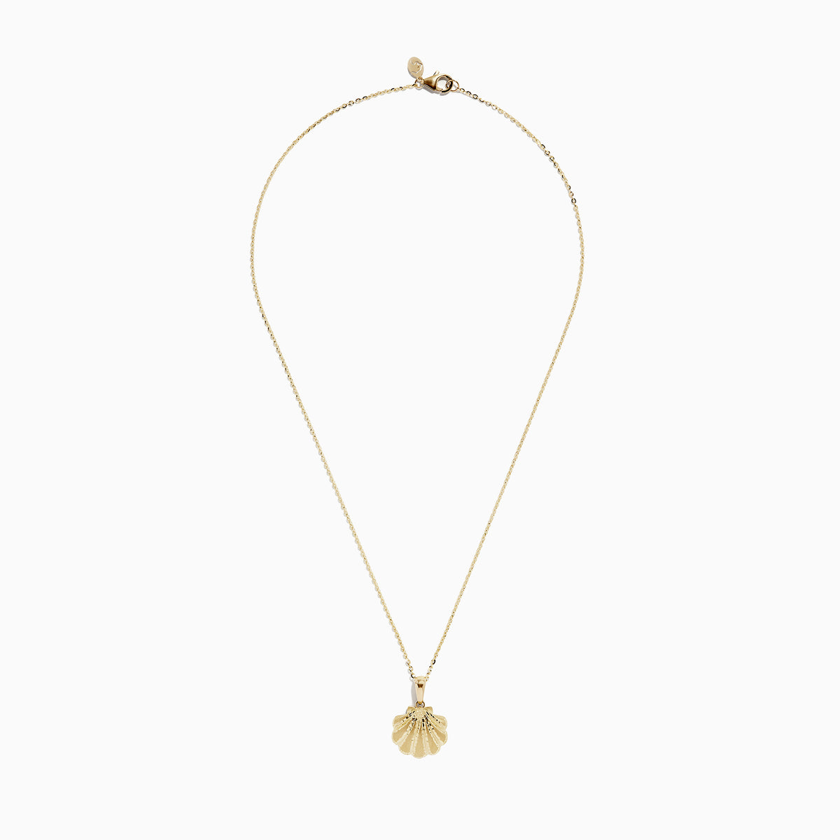 The Seaside 14K Yellow Gold Scallop Shell Pendant is a necklace with a thin chain and a textured, scallop shell-shaped pendant.