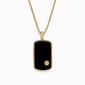 The Mens 14K Yellow Gold Onyx and Diamond Dog Tag Pendant, 1.00 TCW, features a rectangular onyx with gold edges, a small gold emblem at the base, and three diamonds set on the bail.