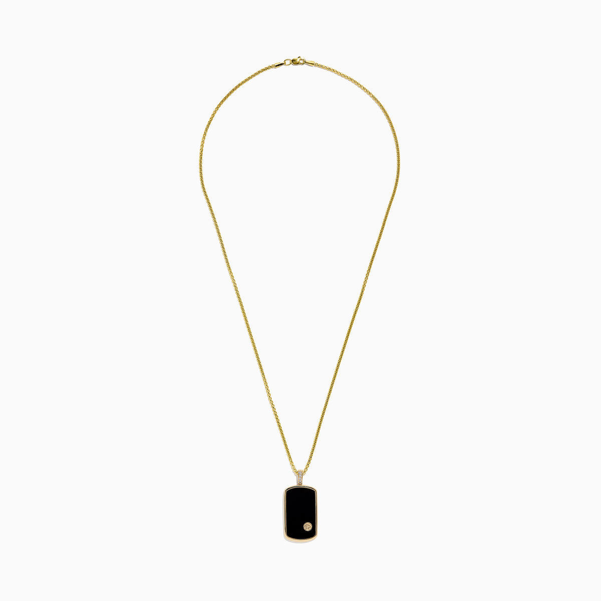 The Mens 14K Yellow Gold Onyx and Diamond Dog Tag Pendant, 1.00 TCW, features a rectangular onyx with gold edges, a small gold emblem at the base, and three diamonds set on the bail.