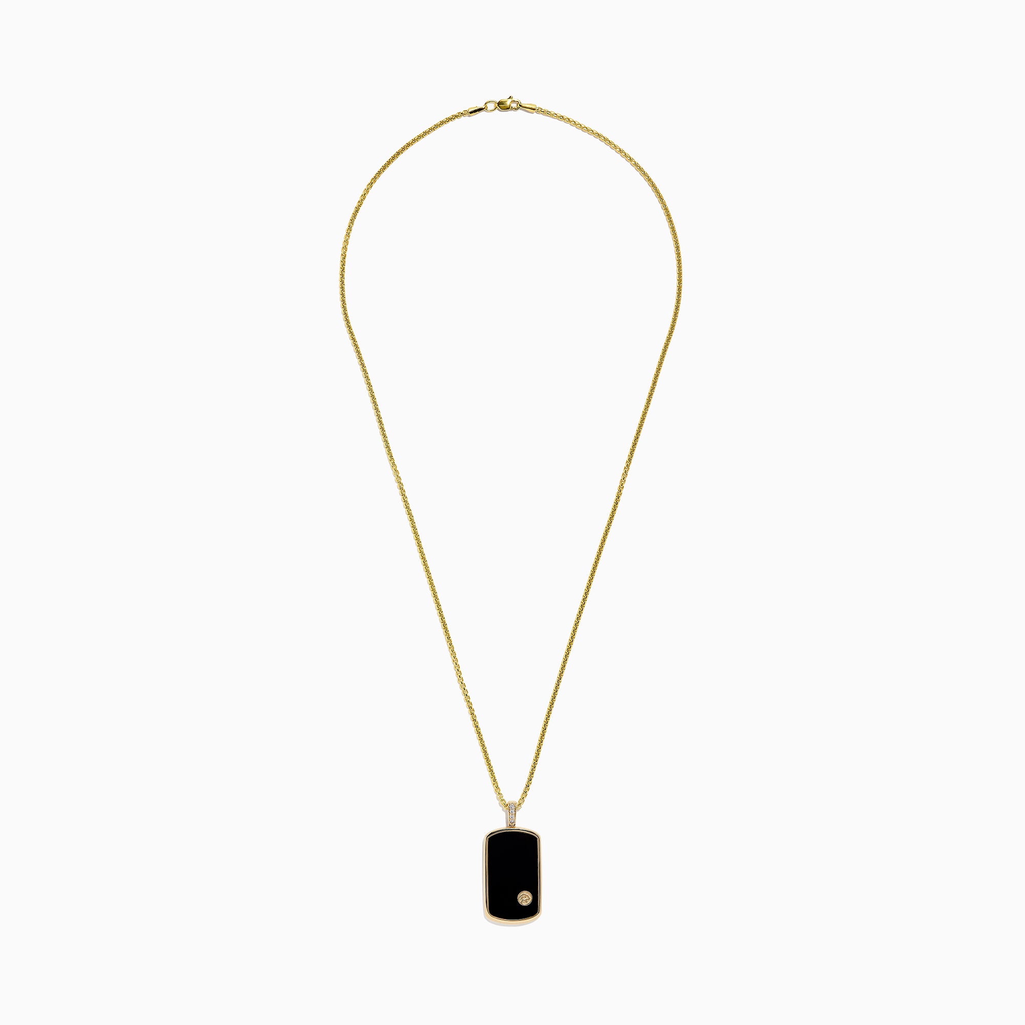 The Mens 14K Yellow Gold Onyx and Diamond Dog Tag Pendant, 1.00 TCW, features a rectangular onyx with gold edges, a small gold emblem at the base, and three diamonds set on the bail.