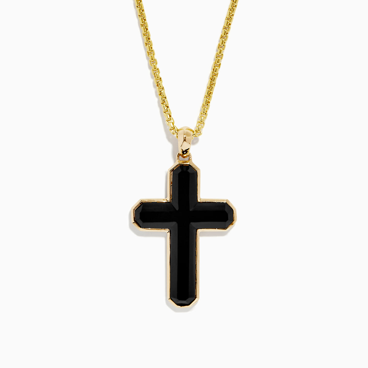 The Mens 14K Yellow Gold Onyx Cross Pendant features a yellow gold chain with an onyx cross outlined in gold, shown against a plain white background.
