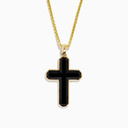 The Mens 14K Yellow Gold Onyx Cross Pendant features a yellow gold chain with an onyx cross outlined in gold, shown against a plain white background.