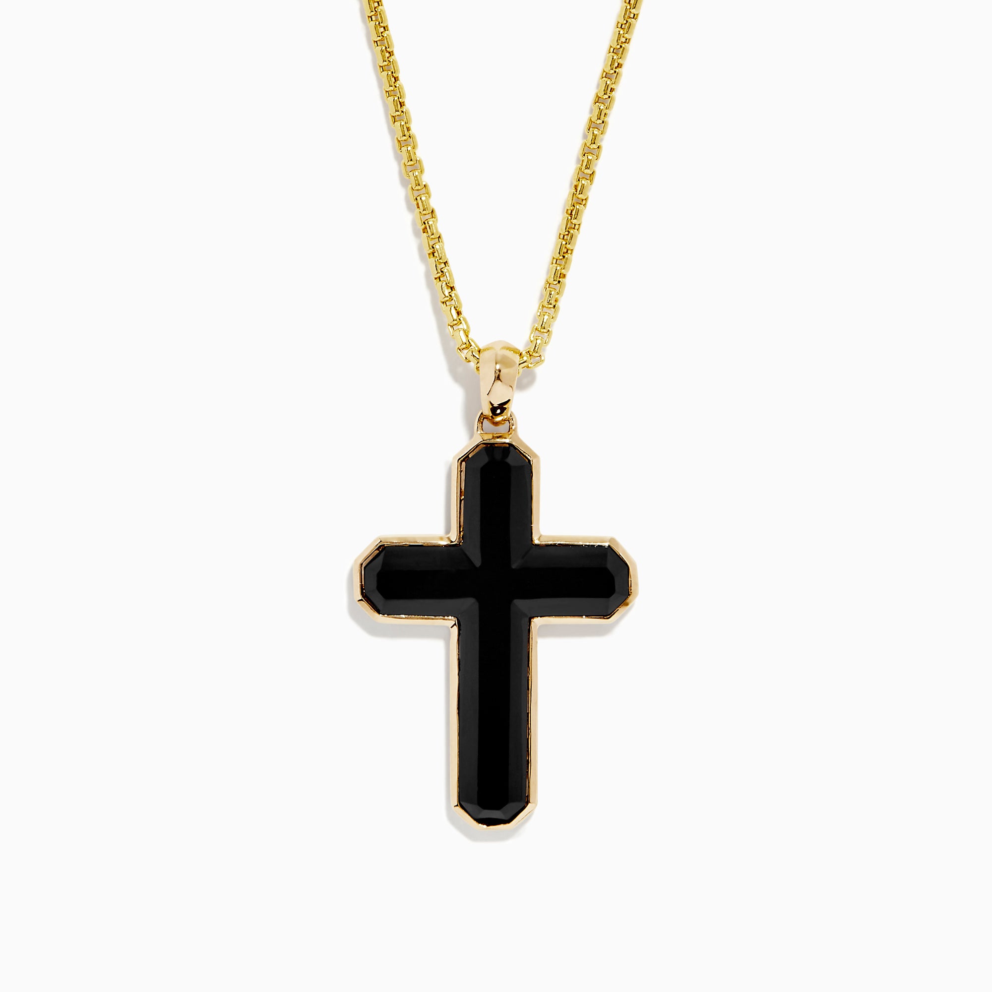 The Mens 14K Yellow Gold Onyx Cross Pendant features a yellow gold chain with an onyx cross outlined in gold, shown against a plain white background.