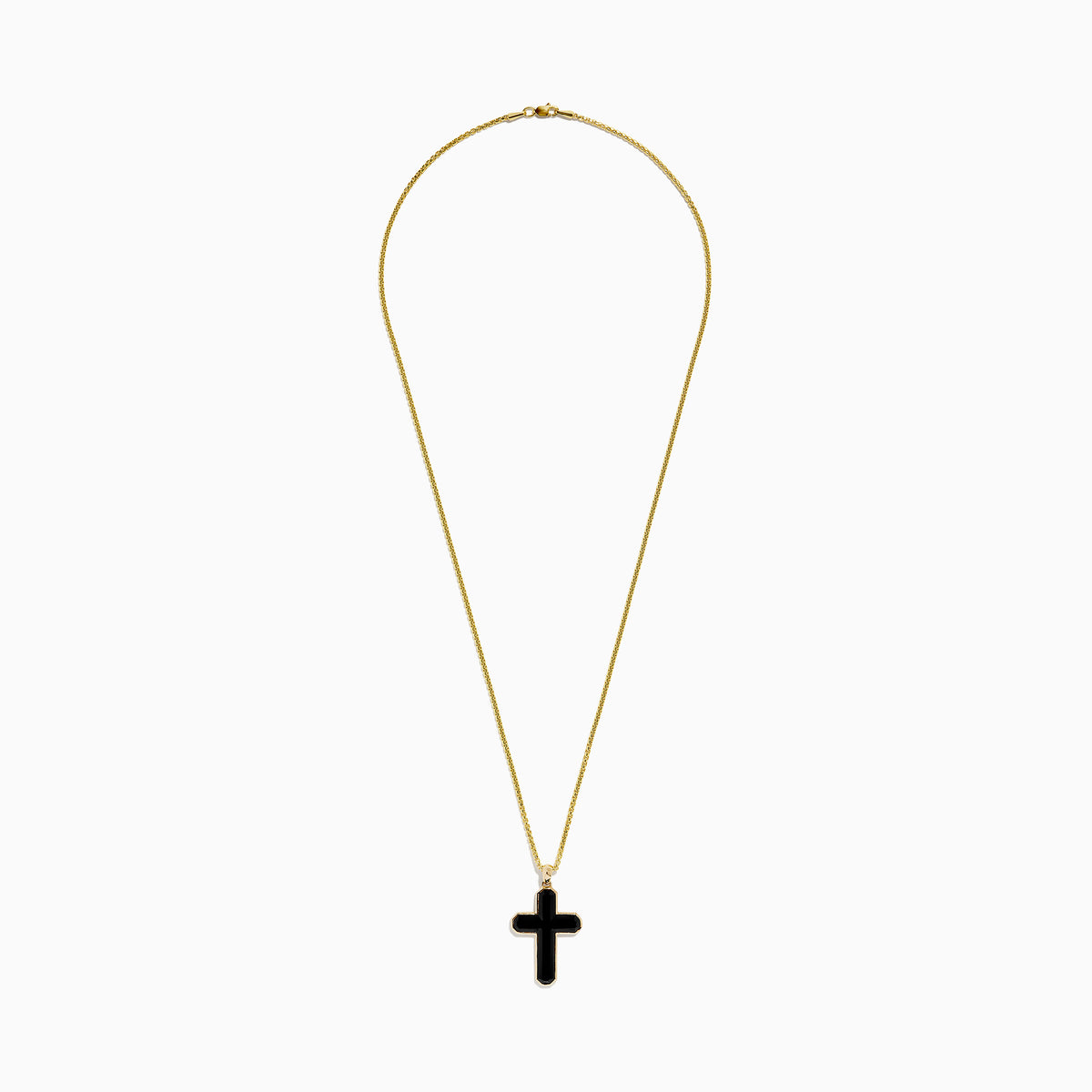 The Mens 14K Yellow Gold Onyx Cross Pendant features a yellow gold chain with an onyx cross outlined in gold, shown against a plain white background.