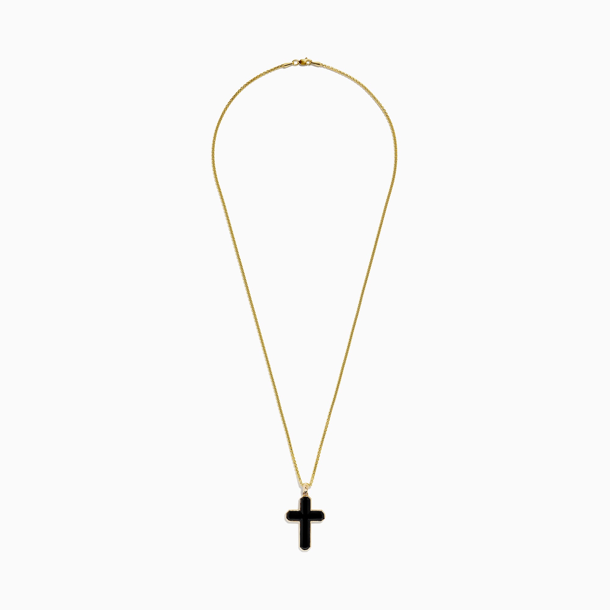 The Mens 14K Yellow Gold Onyx Cross Pendant features a yellow gold chain with an onyx cross outlined in gold, shown against a plain white background.