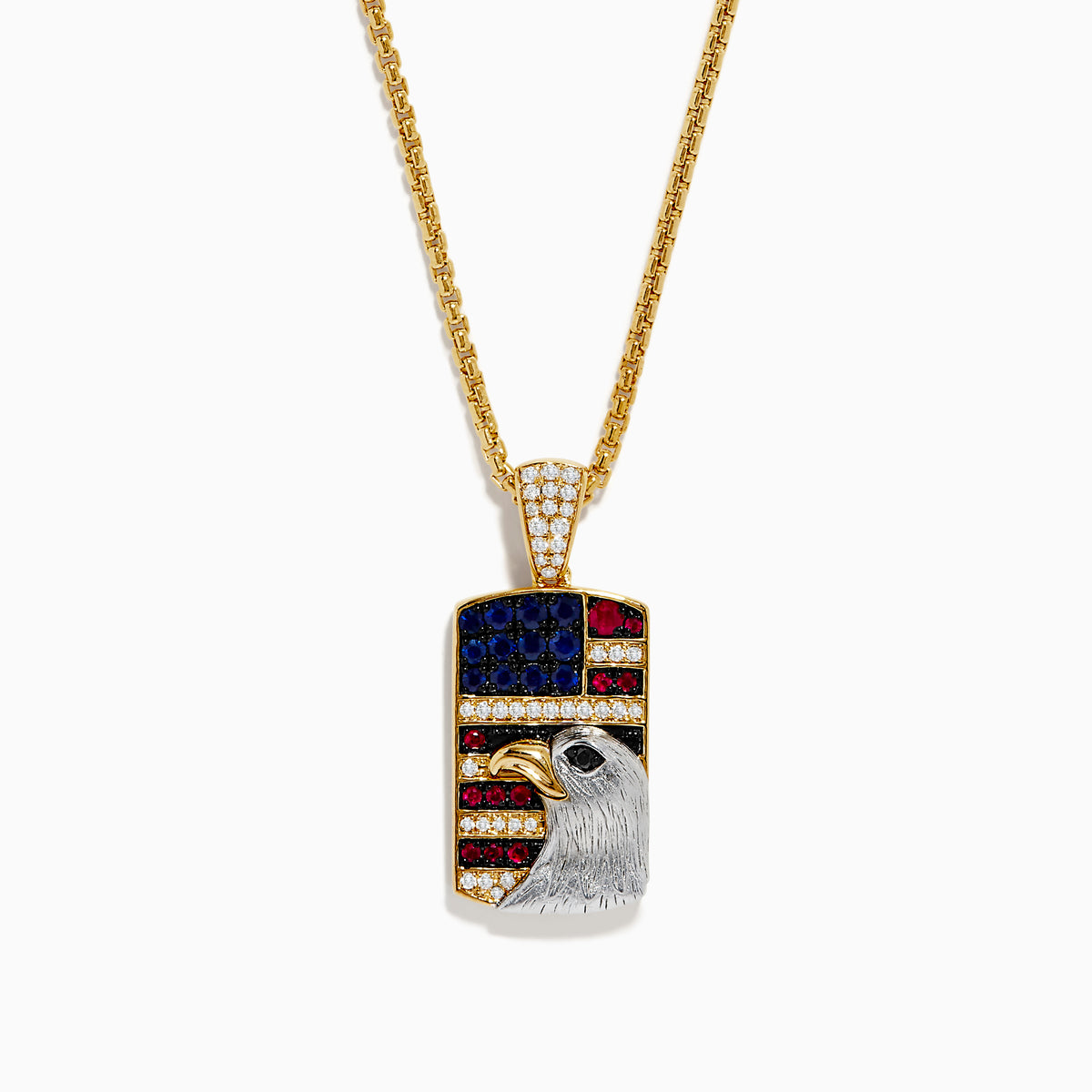 A mens 925 sterling silver eagle pendant features diamond, ruby, and blue sapphire stones in a striking American flag-inspired design.
