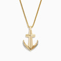 Mens 14K yellow gold diamond anchor pendant, 0.11 TCW, features an anchor and cross design with sparkling stones on the lower sides, suspended from a classic medium-link gold chain.