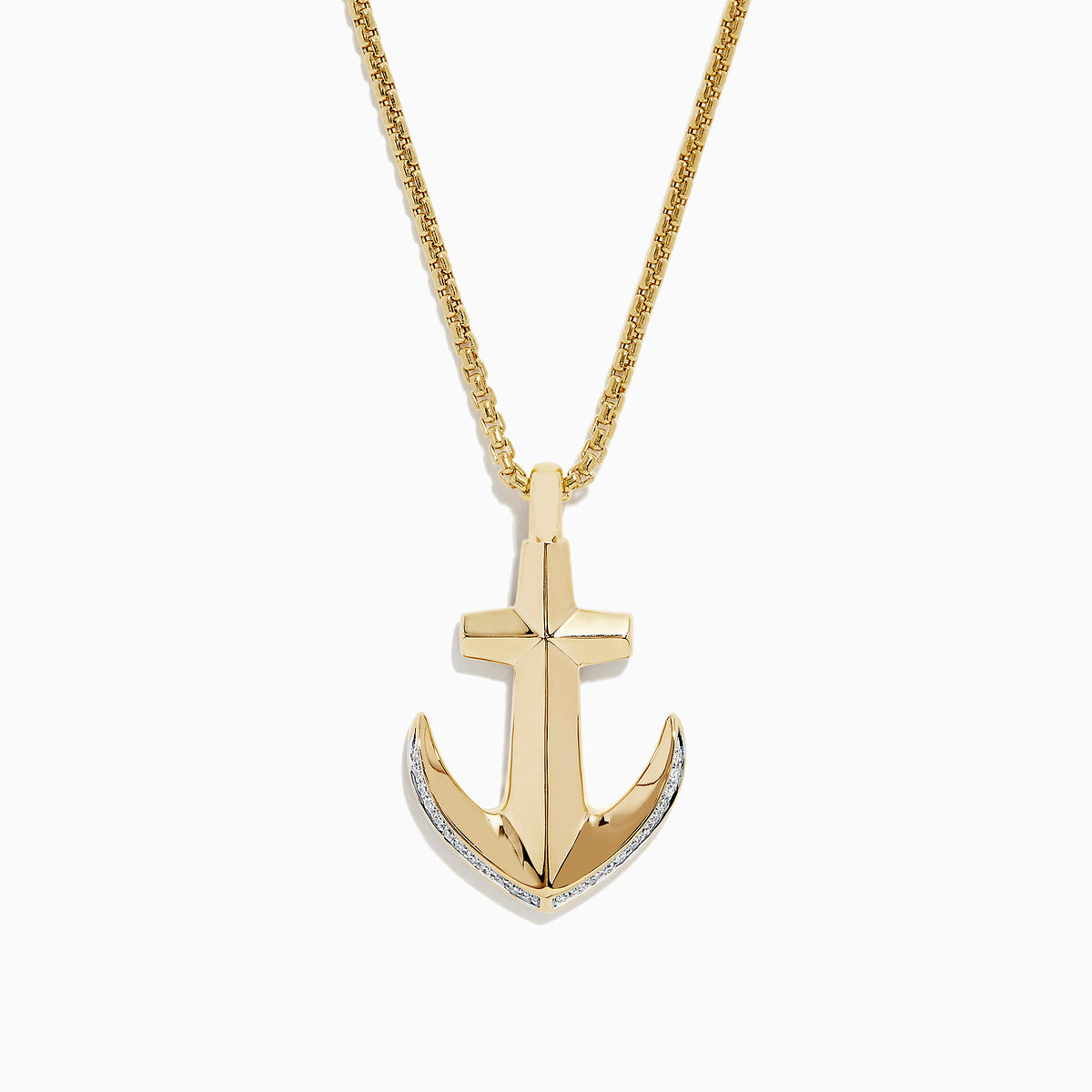 Mens 14K yellow gold diamond anchor pendant, 0.11 TCW, features an anchor and cross design with sparkling stones on the lower sides, suspended from a classic medium-link gold chain.