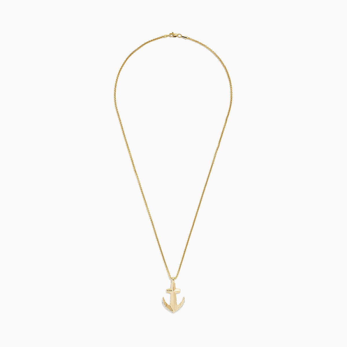 Mens 14K yellow gold diamond anchor pendant, 0.11 TCW, features an anchor and cross design with sparkling stones on the lower sides, suspended from a classic medium-link gold chain.