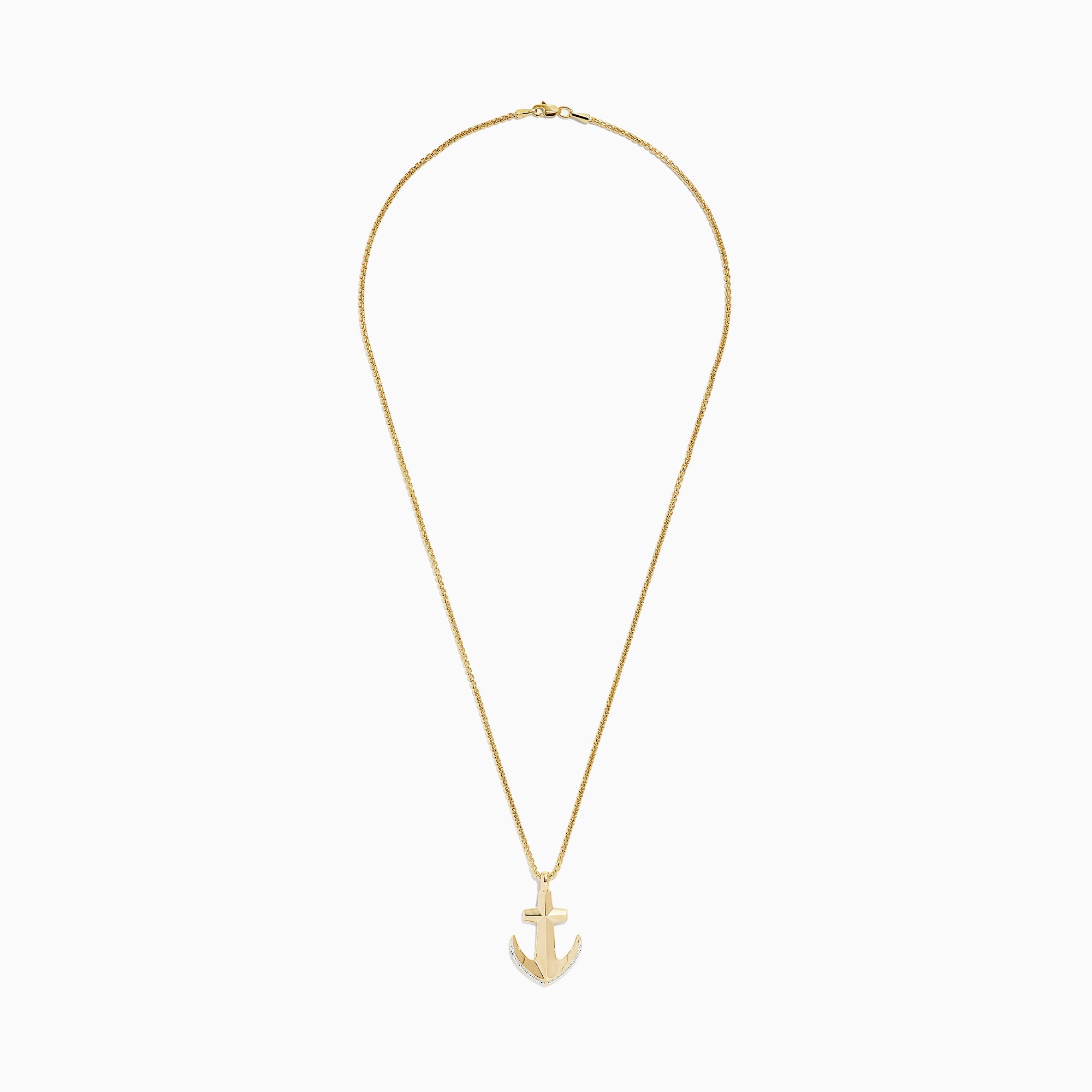 Mens 14K yellow gold diamond anchor pendant, 0.11 TCW, features an anchor and cross design with sparkling stones on the lower sides, suspended from a classic medium-link gold chain.
