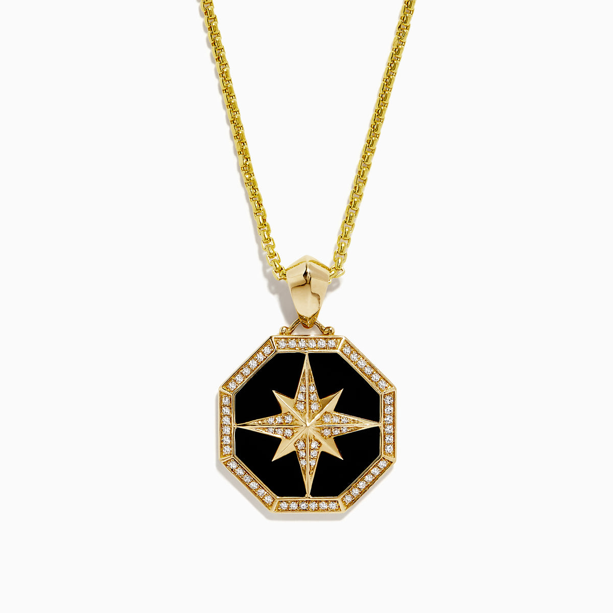 Mens 14K Yellow Gold Onyx and Diamond Star Pendant (0.33 TCW) features an octagonal black onyx center, a gold and diamond star design, and a sparkling diamond border.