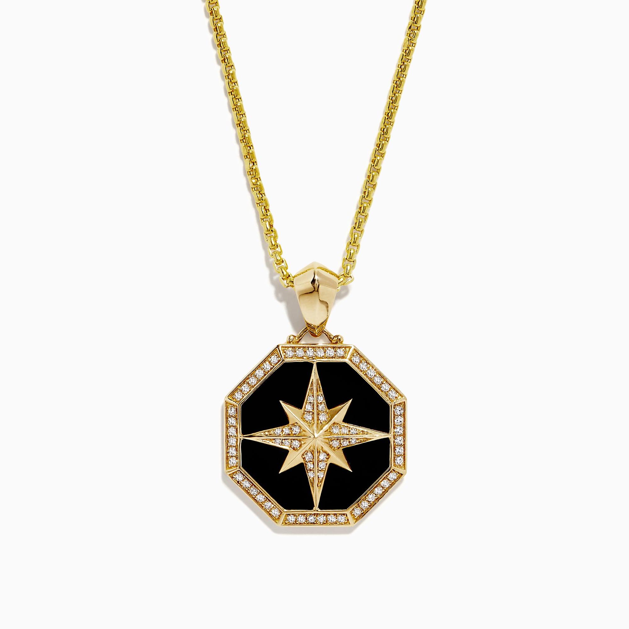 Mens 14K Yellow Gold Onyx and Diamond Star Pendant (0.33 TCW) features an octagonal black onyx center, a gold and diamond star design, and a sparkling diamond border.