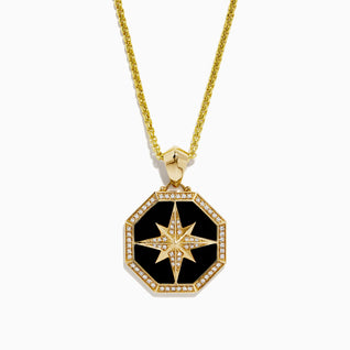 Men's 14K Yellow Gold Onyx and Diamond Star Pendant, 0.33 TCW