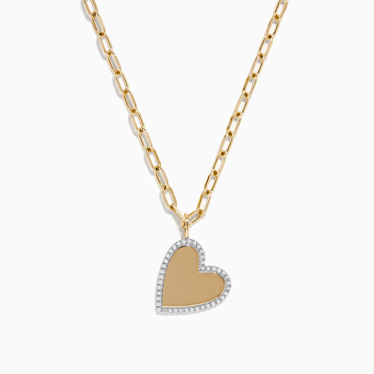 The Novelty 14K Yellow Gold Diamond Heart Pendant features a large paperclip chain design with a sparkling diamond-outlined heart pendant at the center, crafted in elegant 14K yellow gold.