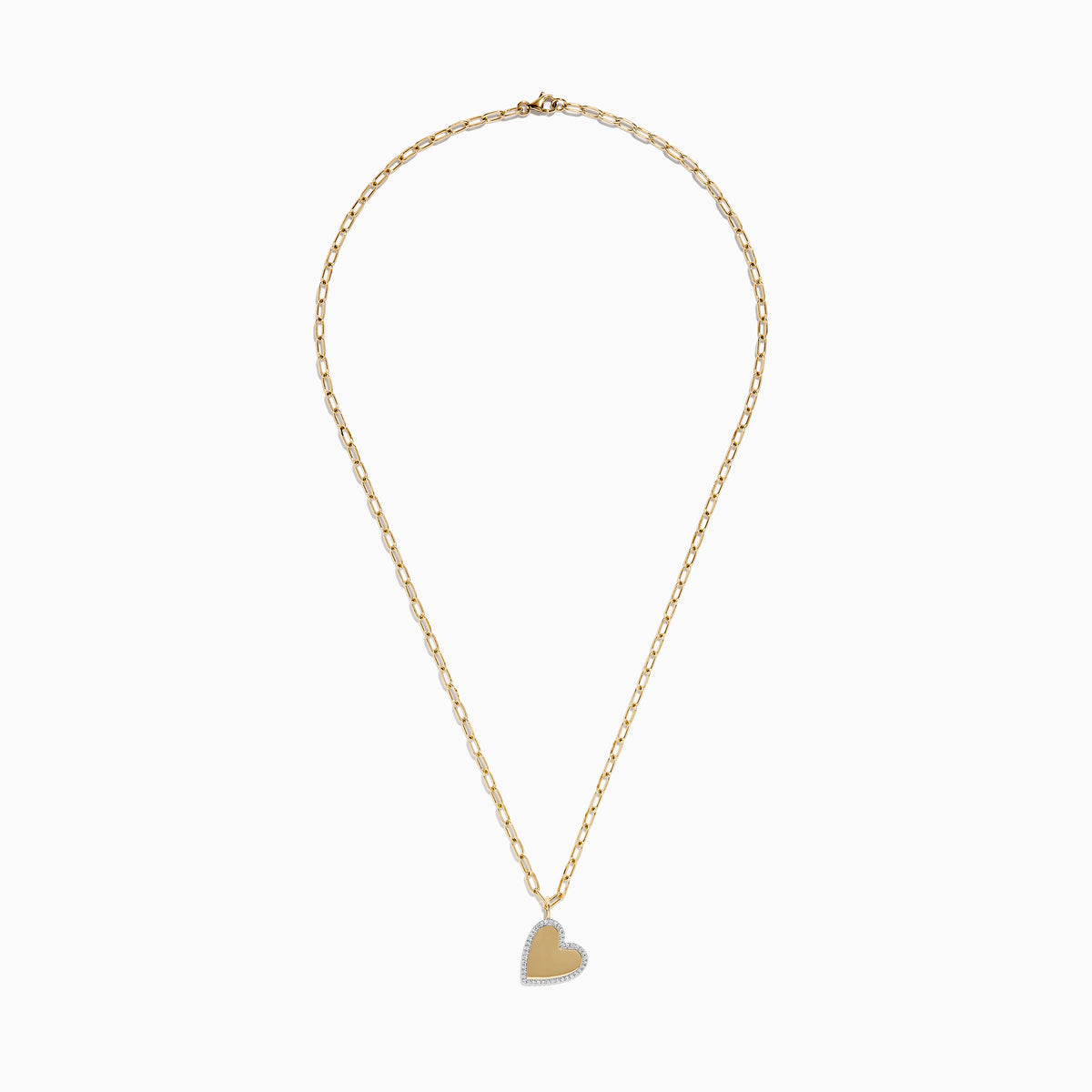 The Novelty 14K Yellow Gold Diamond Heart Pendant features a large paperclip chain design with a sparkling diamond-outlined heart pendant at the center, crafted in elegant 14K yellow gold.