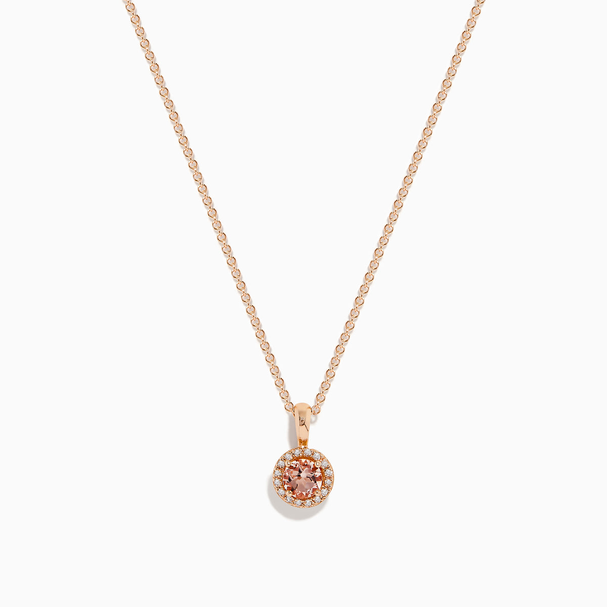 The Blush 14K Rose Gold Diamond and Morganite Pendant features a small, round morganite accented with sparkling diamonds on a delicate rose gold chain, shown on a white background.