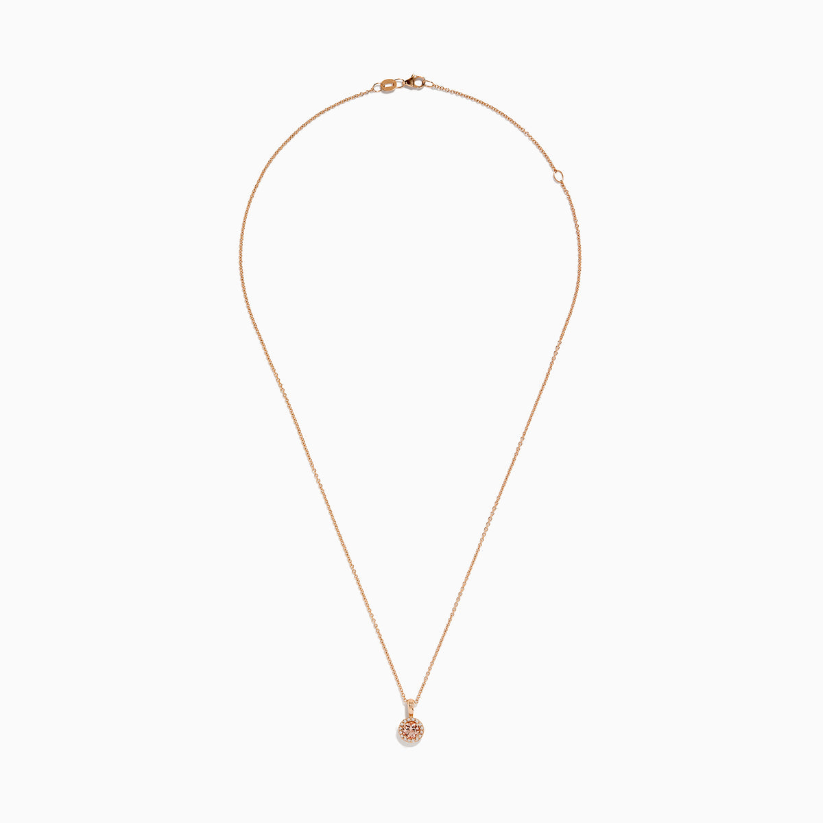 The Blush 14K Rose Gold Diamond and Morganite Pendant features a small, round morganite accented with sparkling diamonds on a delicate rose gold chain, shown on a white background.