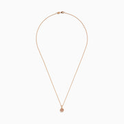 The Blush 14K Rose Gold Diamond and Morganite Pendant features a small, round morganite accented with sparkling diamonds on a delicate rose gold chain, shown on a white background.