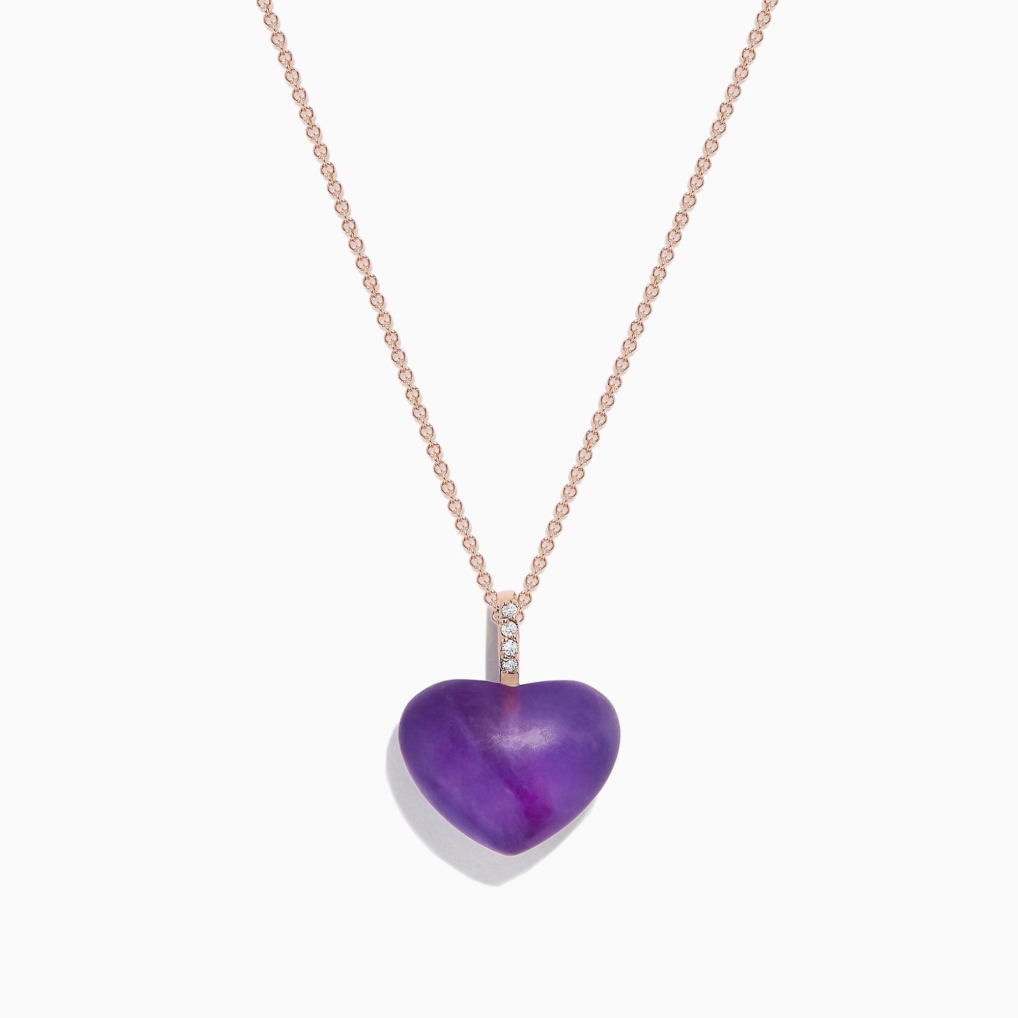 The 14K Rose Gold Amethyst and Diamond Heart Pendant (10.32 TCW) features a heart-shaped amethyst center with a vertical row of sparkling diamonds above, displayed on a rose gold chain against a white background.