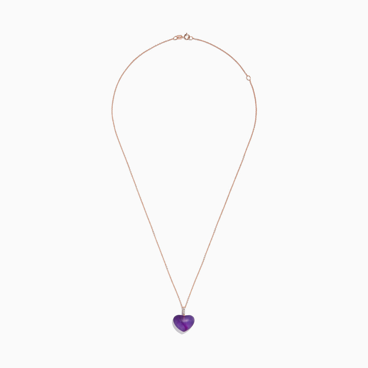 The 14K Rose Gold Amethyst and Diamond Heart Pendant (10.32 TCW) features a heart-shaped amethyst center with a vertical row of sparkling diamonds above, displayed on a rose gold chain against a white background.