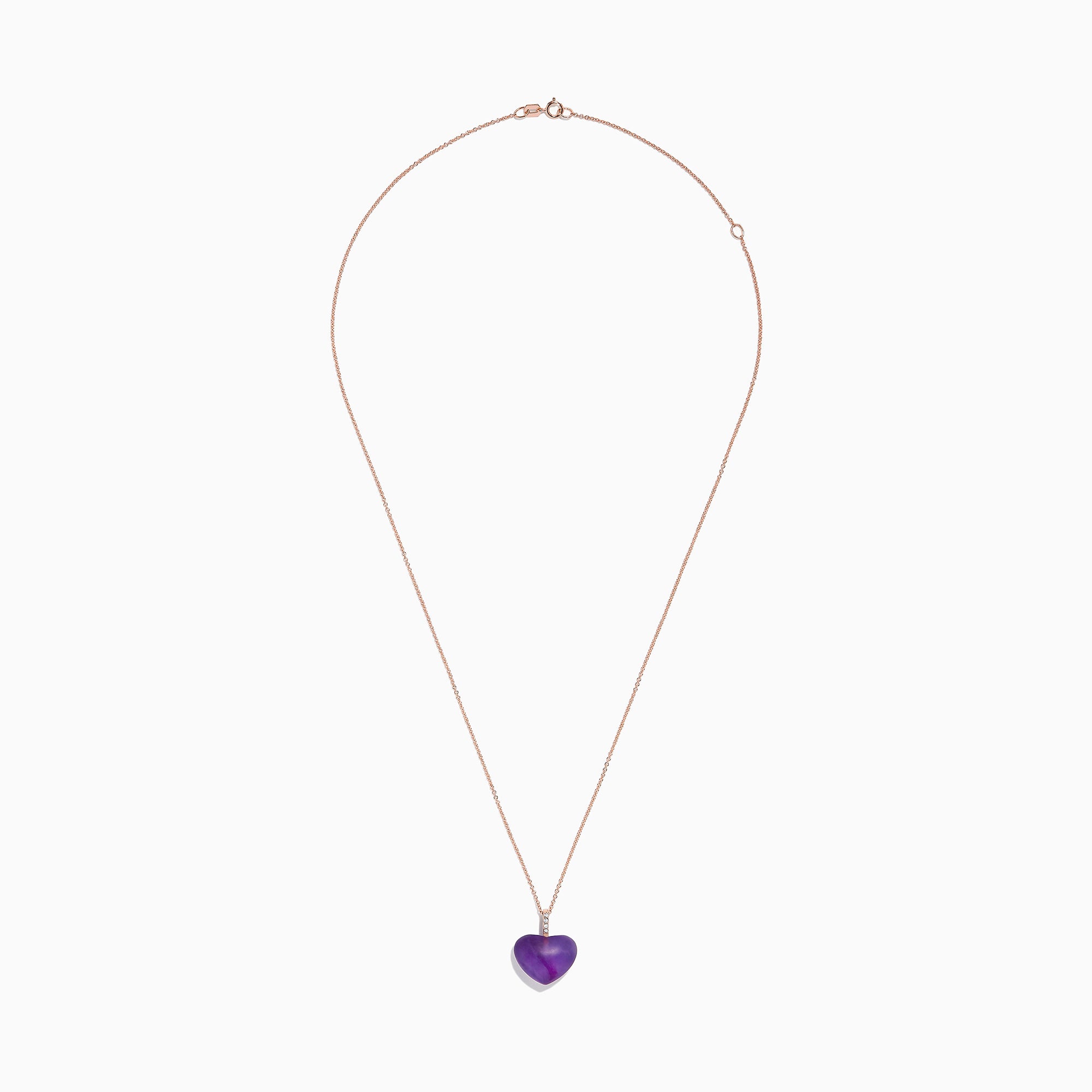 The 14K Rose Gold Amethyst and Diamond Heart Pendant (10.32 TCW) features a heart-shaped amethyst center with a vertical row of sparkling diamonds above, displayed on a rose gold chain against a white background.
