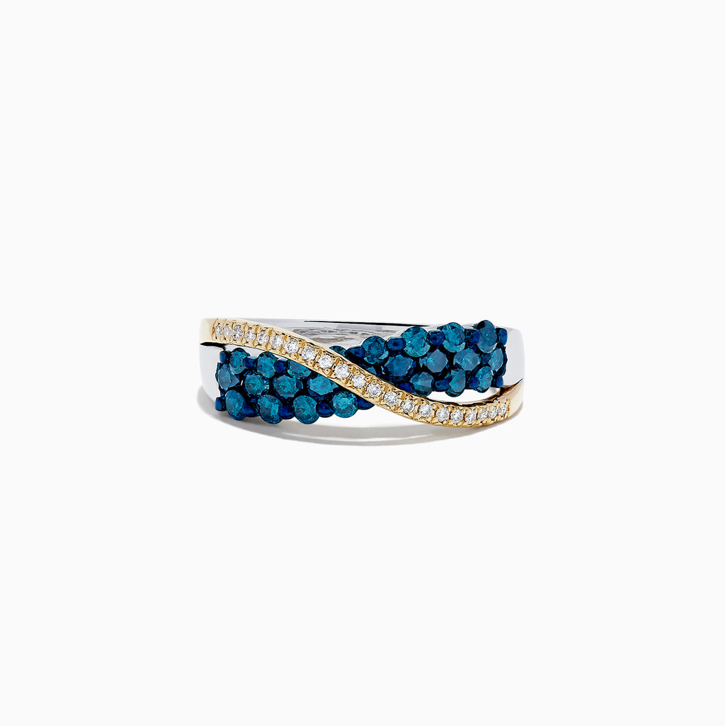 The 14K Two Tone Gold Blue and White Diamond Crossover Ring, 1.00 TCW, features a twisted silver design with yellow gold accents and sparkling rows of blue and white diamonds for a striking look.