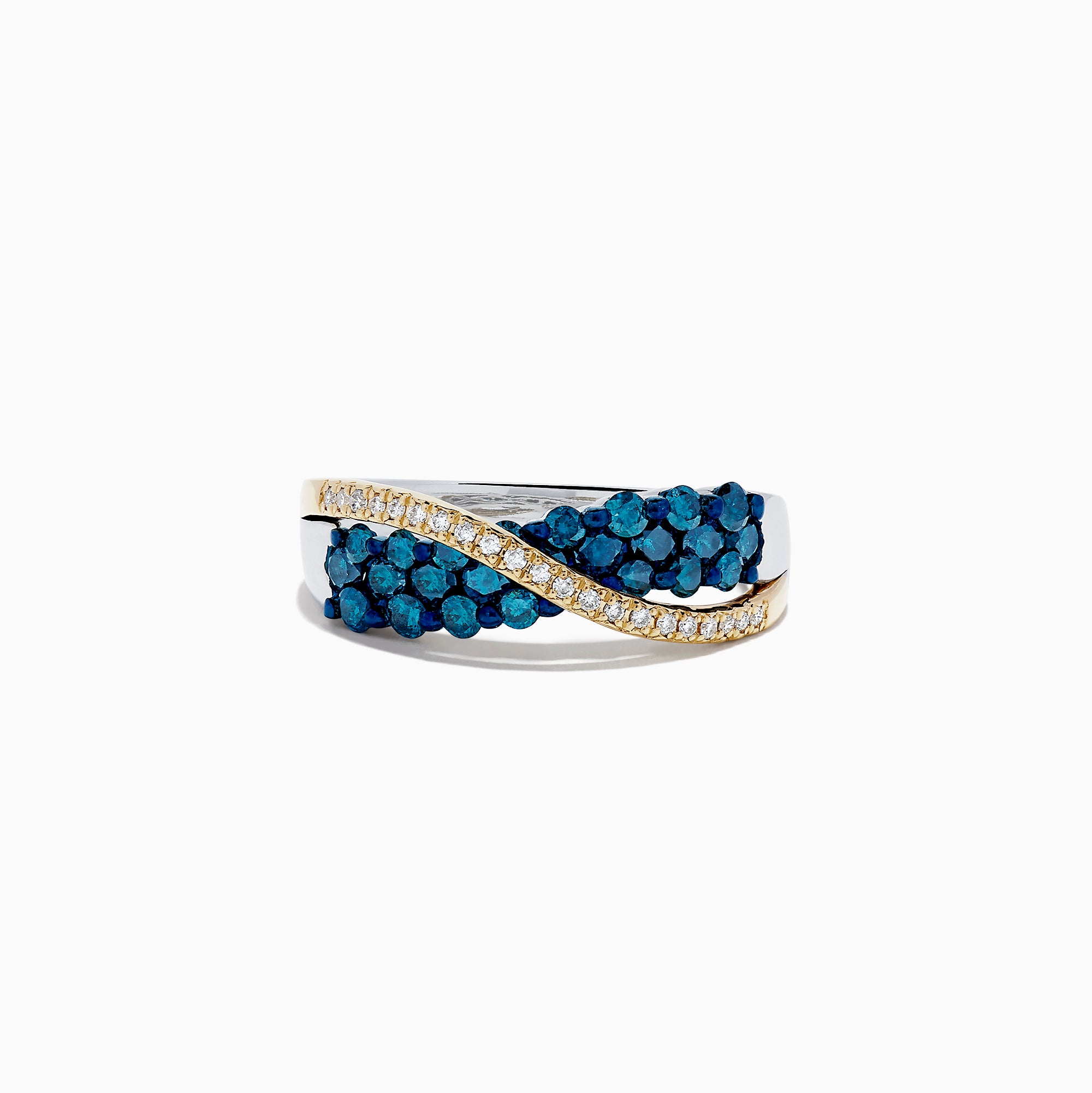 The 14K Two Tone Gold Blue and White Diamond Crossover Ring, 1.00 TCW, features a twisted silver design with yellow gold accents and sparkling rows of blue and white diamonds for a striking look.
