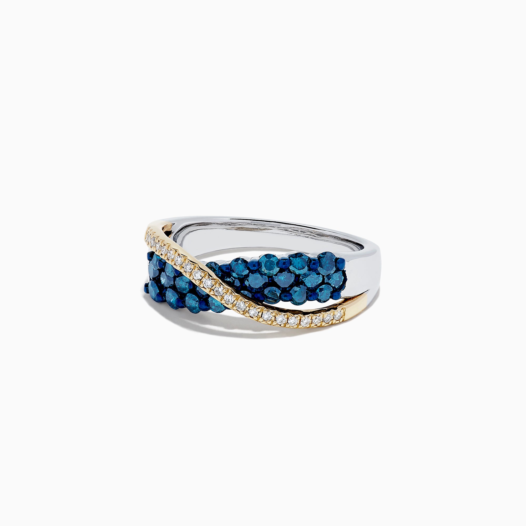 The 14K Two Tone Gold Blue and White Diamond Crossover Ring, 1.00 TCW, features a twisted silver design with yellow gold accents and sparkling rows of blue and white diamonds for a striking look.