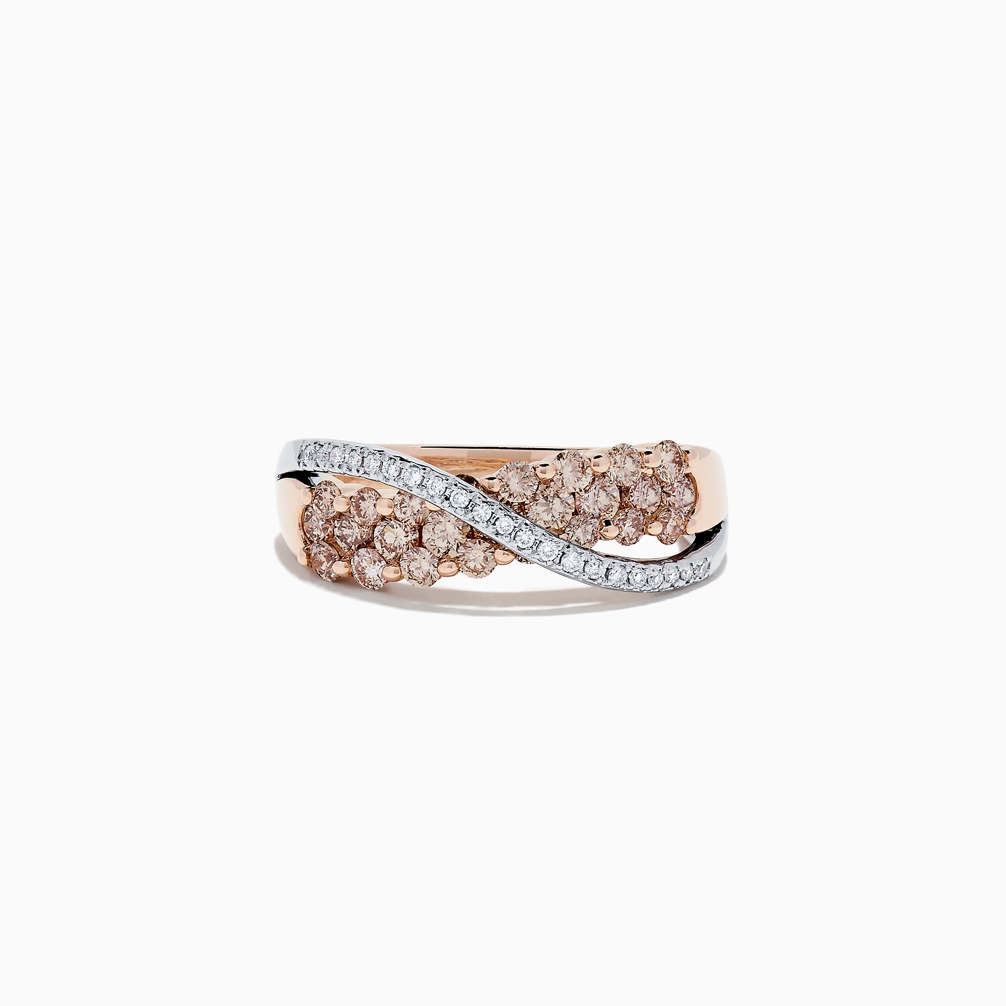 The 14K Two Tone Gold Brown and White Diamond Crossover Ring, 1.00 TCW, showcases a wave-inspired design with clusters of brown and white diamonds in two rows, blending modern elegance and timeless sparkle.