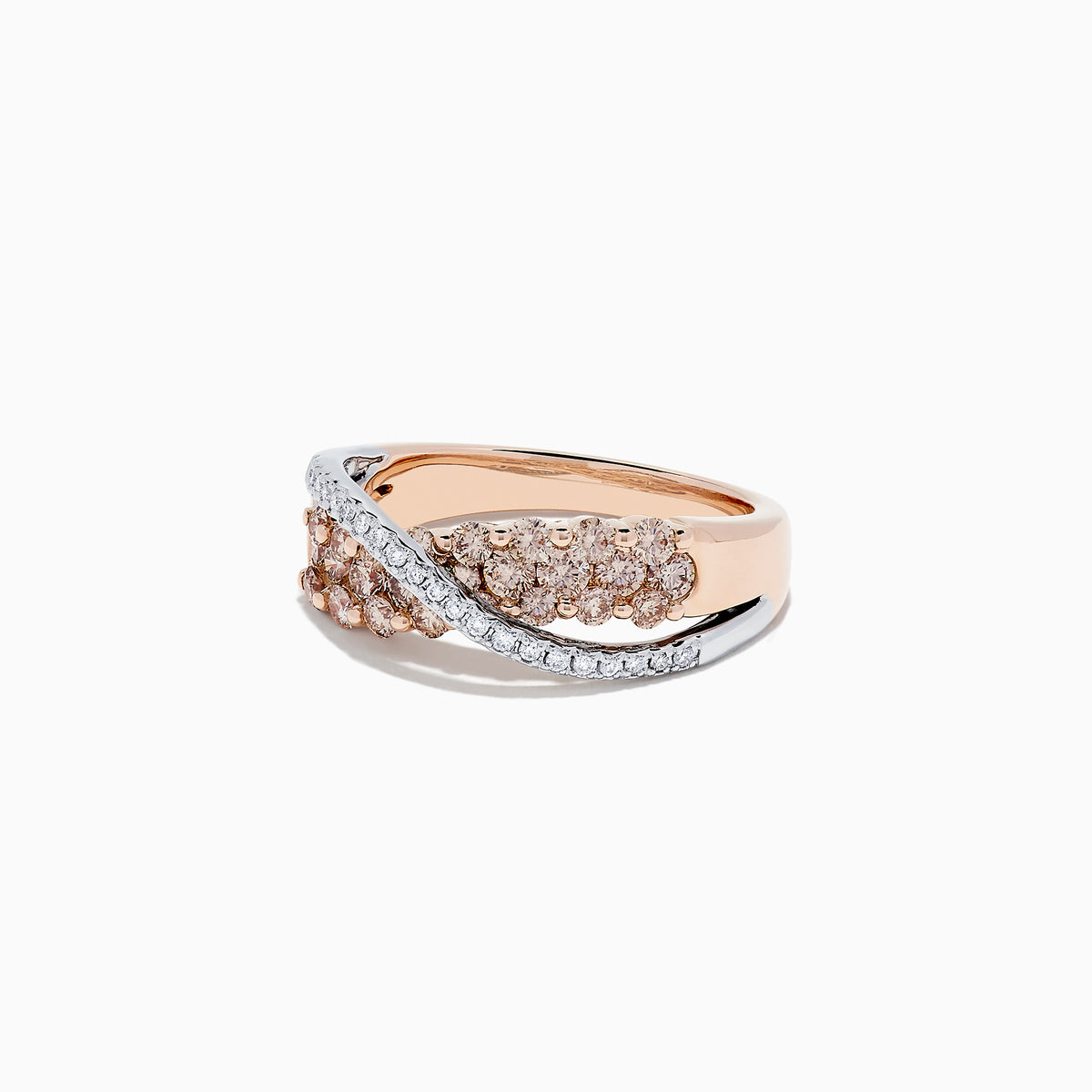 The 14K Two Tone Gold Brown and White Diamond Crossover Ring, 1.00 TCW, showcases a wave-inspired design with clusters of brown and white diamonds in two rows, blending modern elegance and timeless sparkle.
