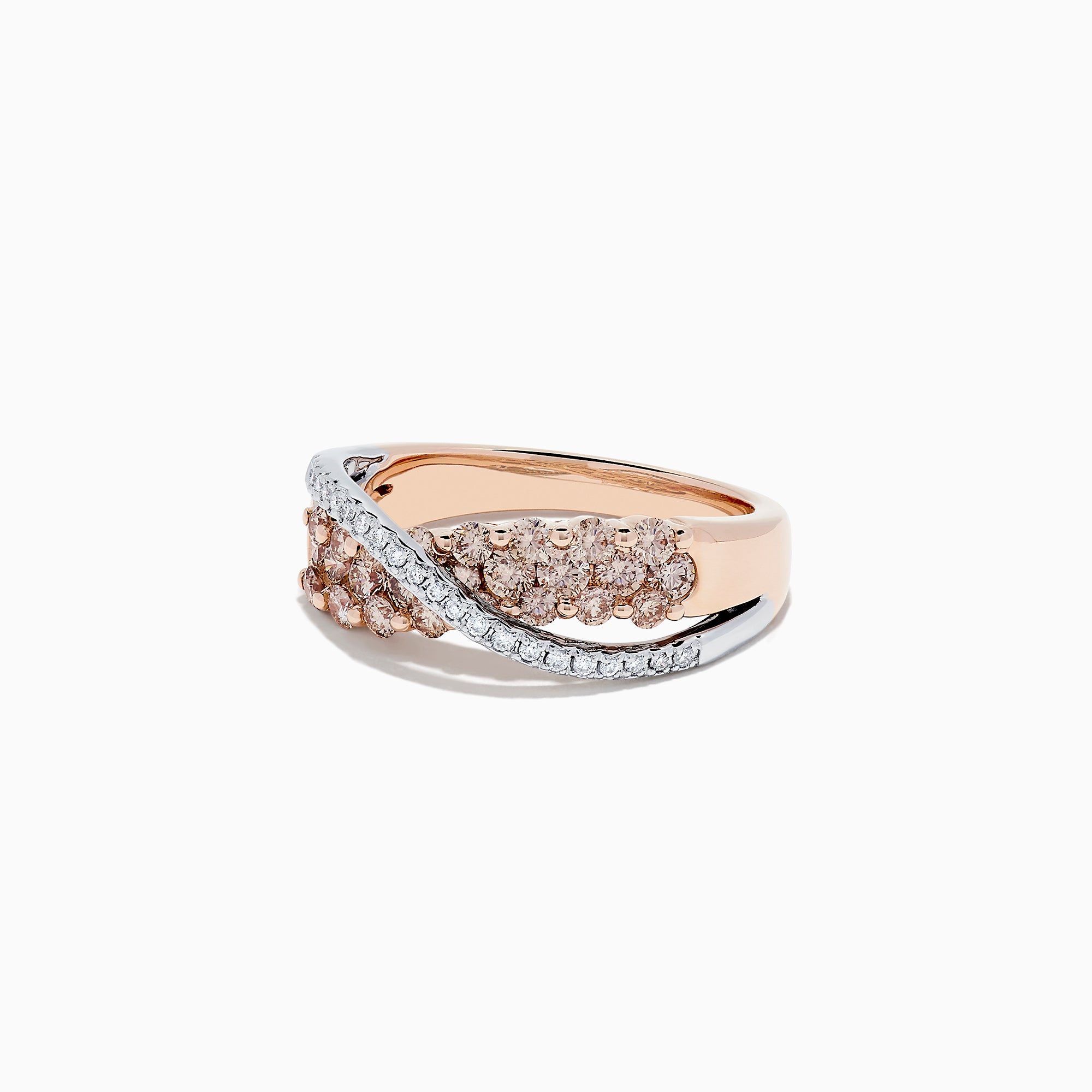 The 14K Two Tone Gold Brown and White Diamond Crossover Ring, 1.00 TCW, showcases a wave-inspired design with clusters of brown and white diamonds in two rows, blending modern elegance and timeless sparkle.