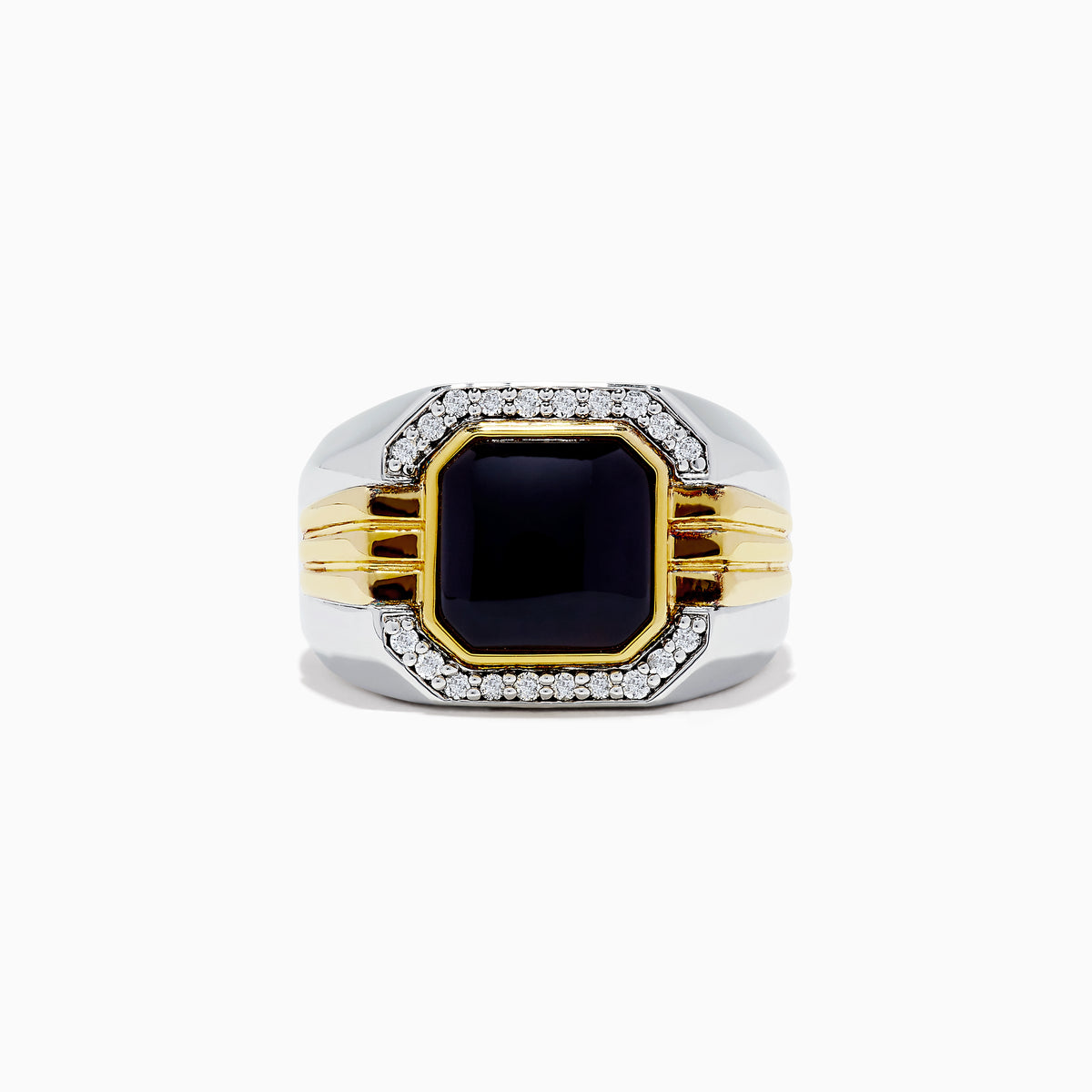 Mens Sterling Silver Onyx and Diamond Ring, 2.60 TCW, featuring a square-cut onyx set in gold and sterling silver with small clear diamonds in a bold geometric design.