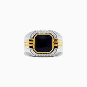 Mens Sterling Silver Onyx and Diamond Ring, 2.60 TCW, featuring a square-cut onyx set in gold and sterling silver with small clear diamonds in a bold geometric design.