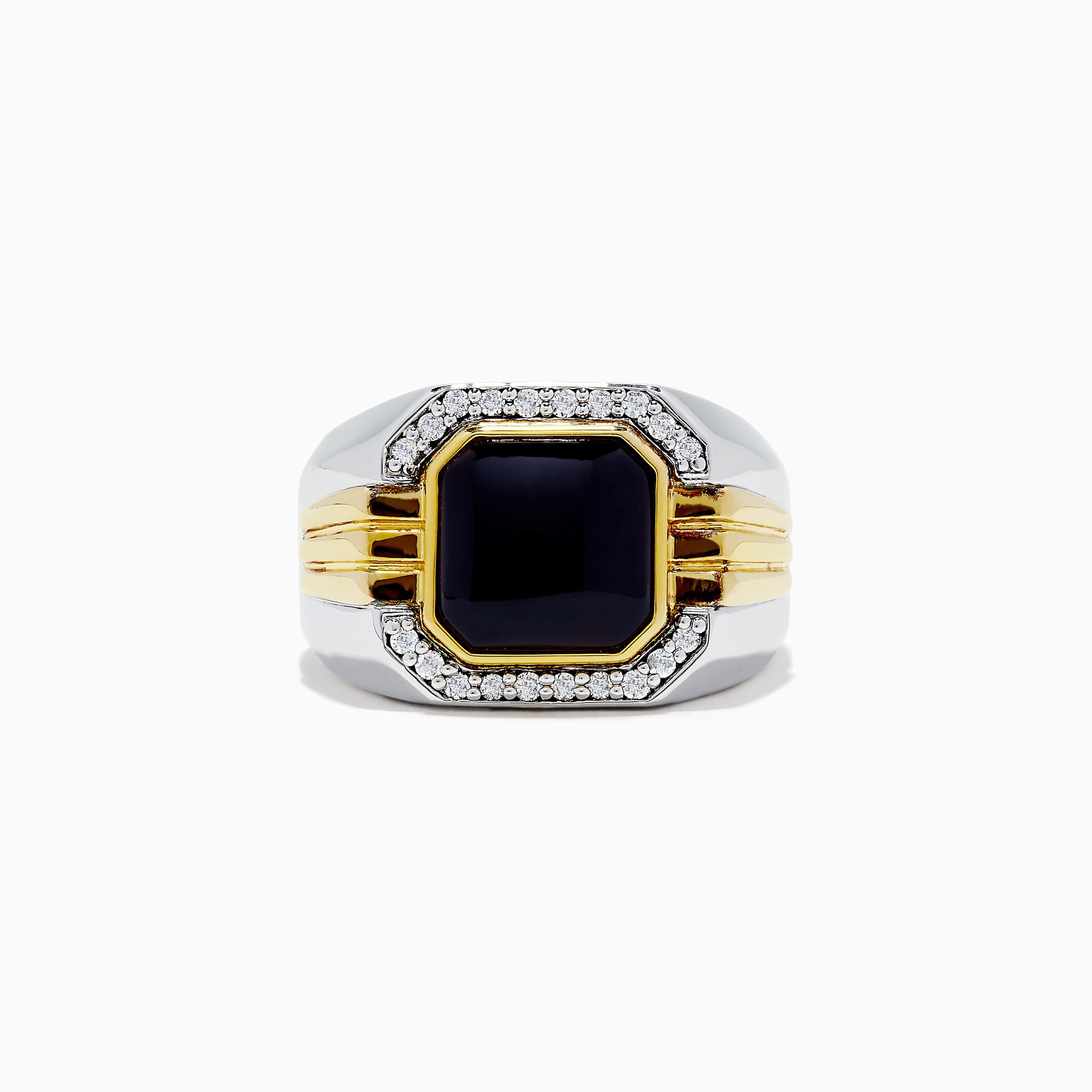 Mens Sterling Silver Onyx and Diamond Ring, 2.60 TCW, featuring a square-cut onyx set in gold and sterling silver with small clear diamonds in a bold geometric design.