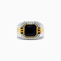 Mens Sterling Silver Onyx and Diamond Ring, 2.60 TCW, featuring a square-cut onyx set in gold and sterling silver with small clear diamonds in a bold geometric design.