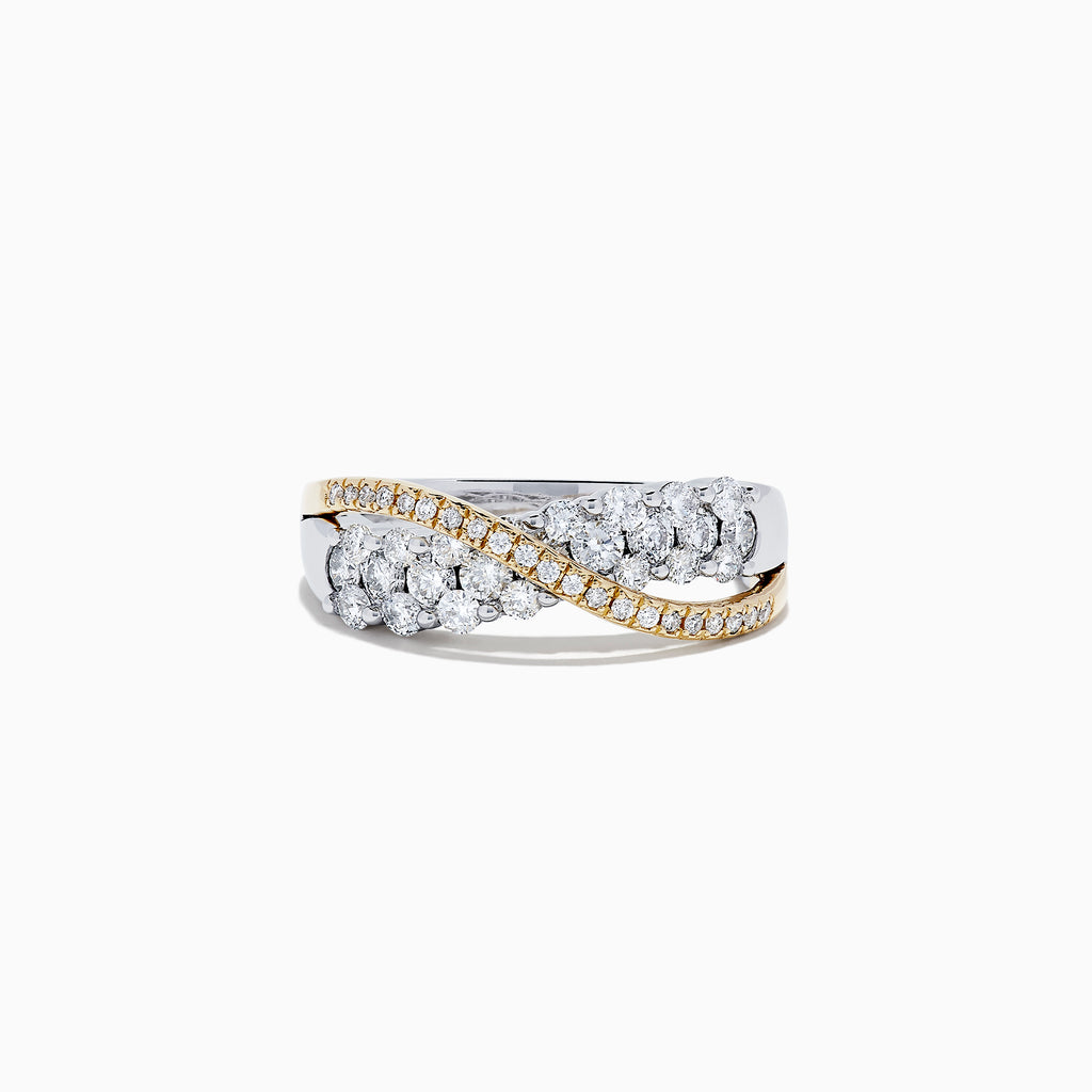 The 14K White and Yellow Gold Diamond Crossover Ring, 1.00 TCW, features rows of white diamonds on a silver band intertwined with a 14K gold band adorned with diamonds, displayed against a white background.